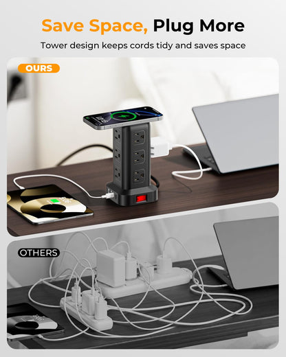 Power strip — 12 outlets and 4 USB ports with tower design and extension cord