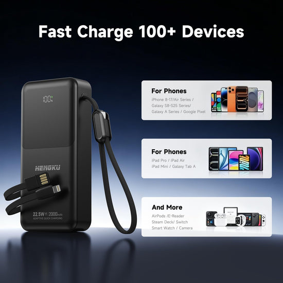 HENGKU Power Bank 20000mah Portable Built-in Cable 22.5w Fast Charge