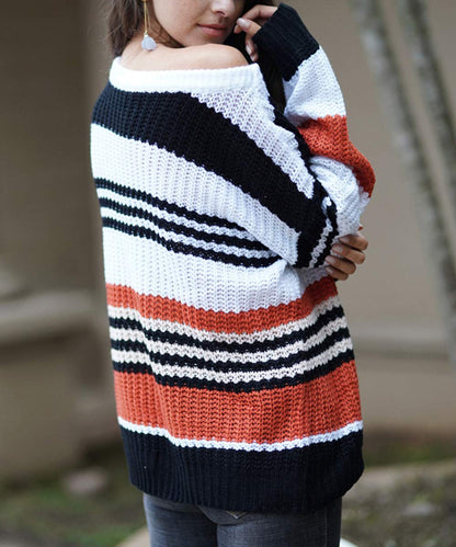 KIRUNDO women's striped color block sweater - casual loose knit pullover top