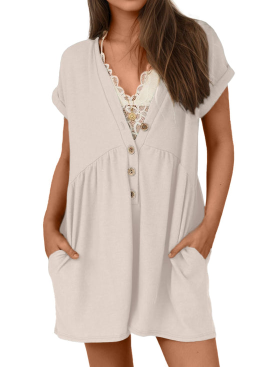 ONE_PIECE_OUTFIT — Glamaker women's summer short sleeve V neck jumpsuit with pockets