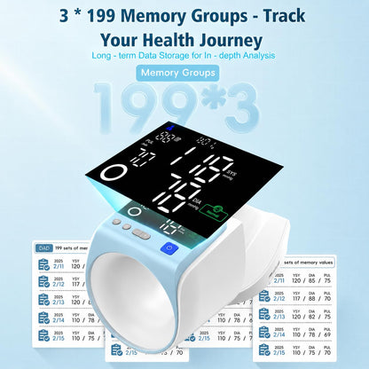 Automatic Electronic Blood Pressure Monitor, 22-40 CM Blood Pressure Cuff, 3 Users*199 Memories, Arm Blood Pressure Monitors for Home Use, Backlit Large LED Screen, BP Monitor (White Lake Blue)