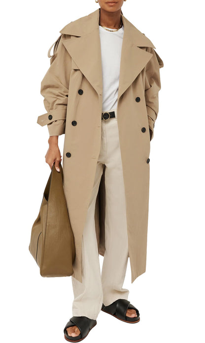 Farktop women's long trench coat - oversized double breasted design with belt