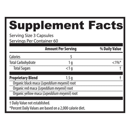 Zen Spirit Maca Root Capsules for Women & Men - Black Red Yellow - Gelatinized maca Powder Blend, 180 Pills 500mg per Vegan Capsule, Non-GMO, Gluten-Free Dietary Supplement, 90-Day Supply