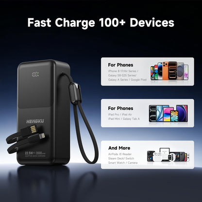 HENGKU Power Bank 30000mAh Portable Built-in Cable 22.5w Fast Charge