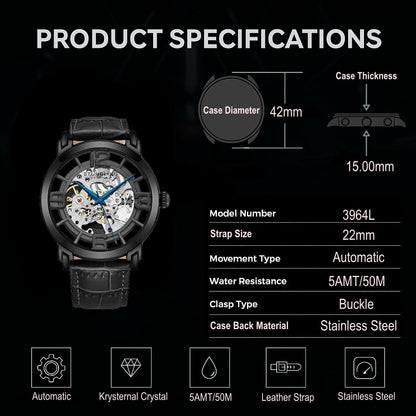 Stührling Original men's skeleton automatic watch — stainless steel case with leather strap