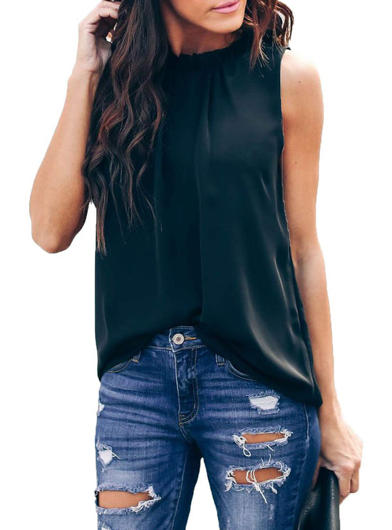 Allimy shirt — Ruffle trim neckline design in double lined chiffon fabric