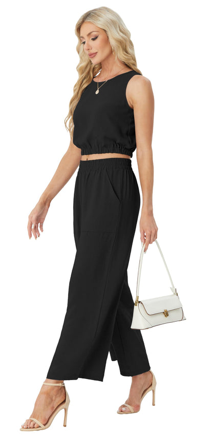 GRECERELLE coordinated outfit — sleeveless crop top and wide leg pants set