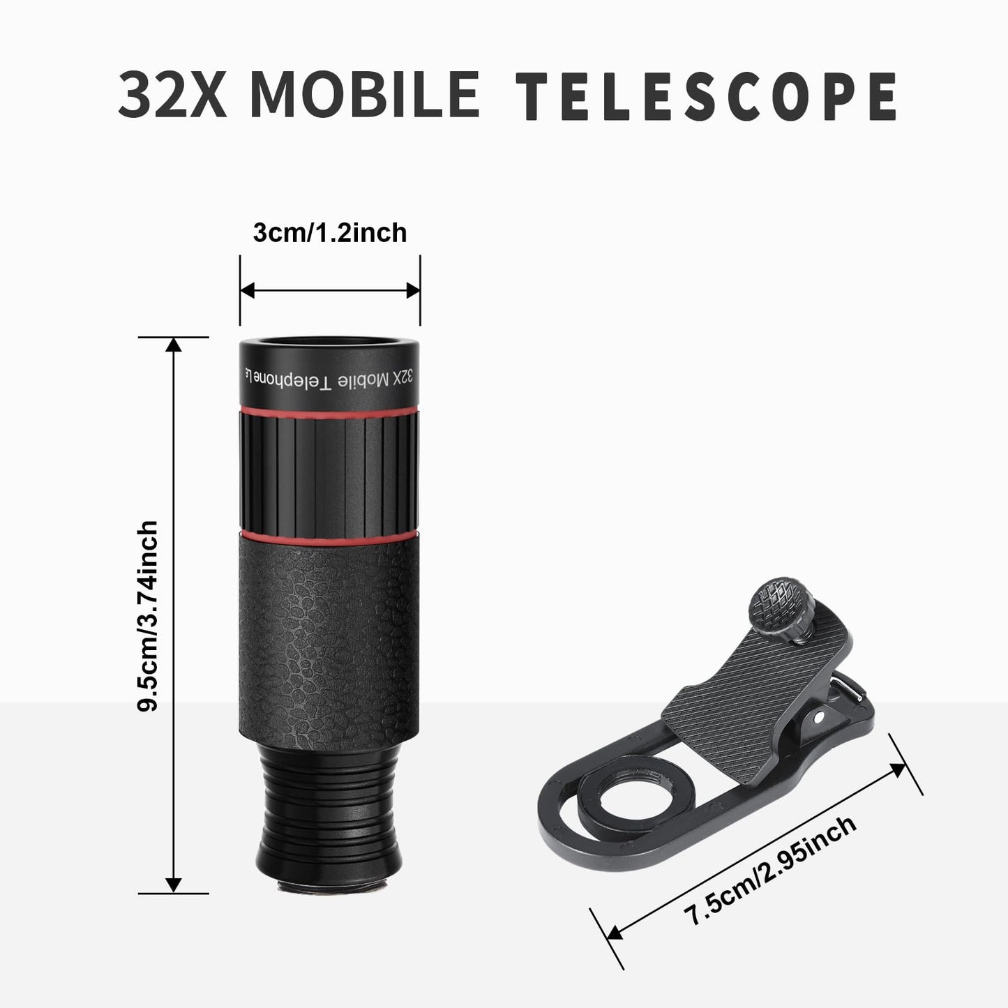 2025 Newly 32X Phone Camera Lens Telephoto Mobile Lens for iPhone and Android Zoom Cellphone Camera Lens with Phone Clip for Picture Video Taking (Black)