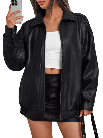 Coat — oversized leather moto bomber jacket by Trendy Queen for spring and fall