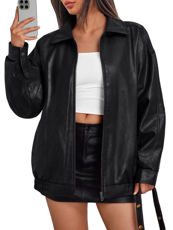 Coat — oversized leather moto bomber jacket by Trendy Queen for spring and fall