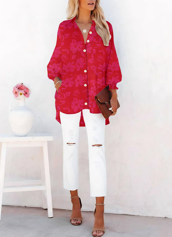 Womens boyfriend shirt with smocked cuffs and stripes