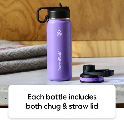 ThermoFlask thermos — double wall vacuum insulated stainless steel design with spout and straw lids