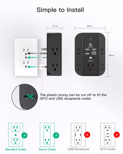 Power strip — Wall outlet extender with shelf and night light, USB charging ports