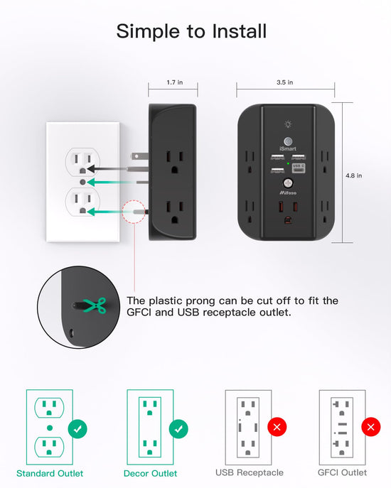 Power strip — Wall outlet extender with shelf and night light, USB charging ports