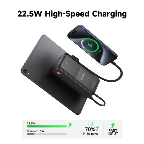 HENGKU Power Bank 30000mAh Portable Built-in Cable 22.5w Fast Charge