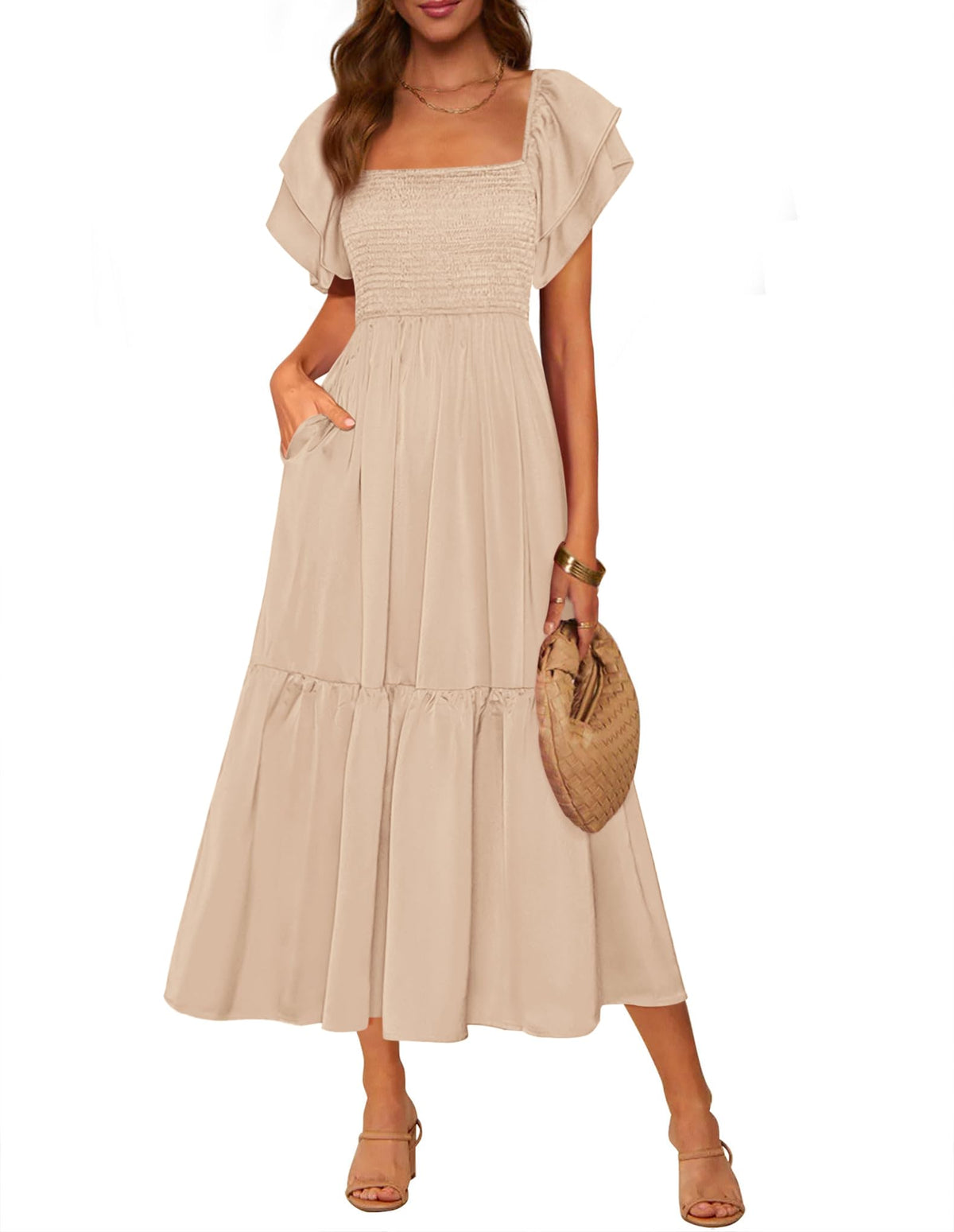 Dress — Square neck smocked high waist A line midi dress by Mascomoda