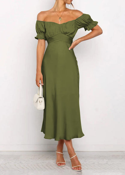 KIRUNDO women's satin wedding guest midi dress with off the shoulder design