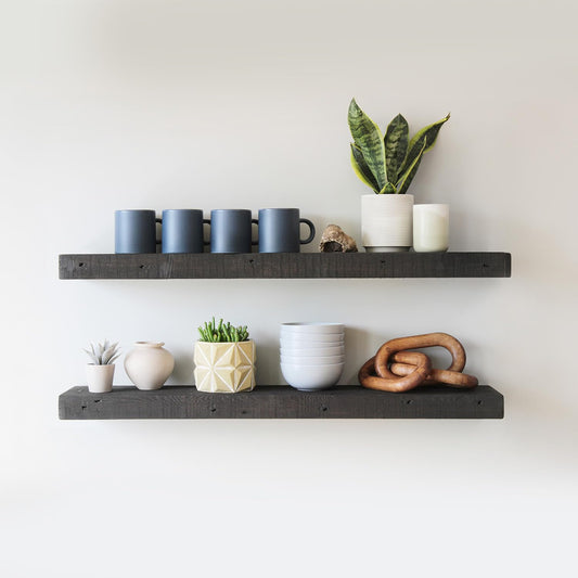 Urban Legacy floating shelves with reclaimed barnwood planks and shelf bracket set includedUrban Legacy floating shelves — reclaimed barnwood planks with bracket set included
