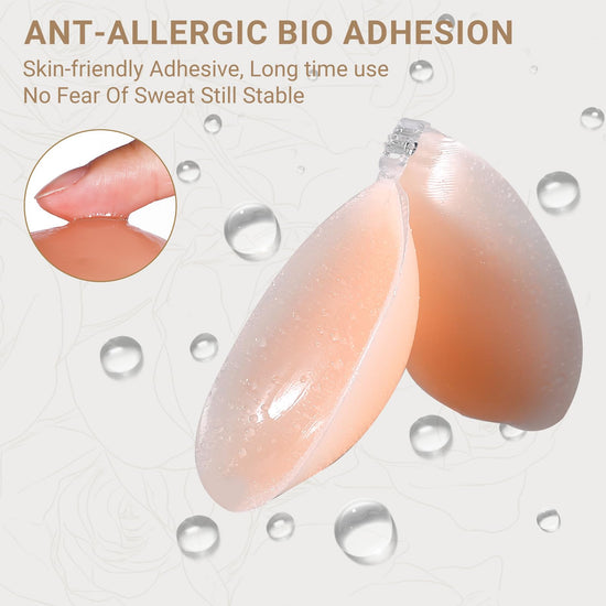 Cbthet Sticky Bra – Strapless & Backless Push Up Adhesive for Women, Invisible Silicone Bra with Nipple Covers (A Cups) Beige