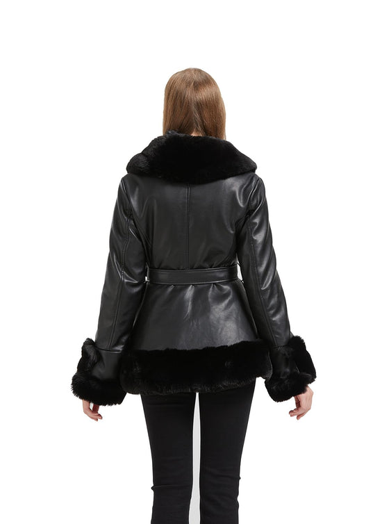 Coat — Faux leather with faux fur collar and peplum design