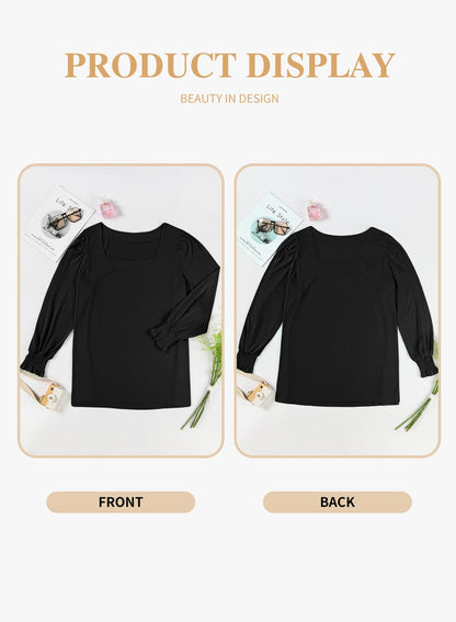 Eytino women's plus size fall tops - square neck puff long sleeve tee shirt 1X-5X