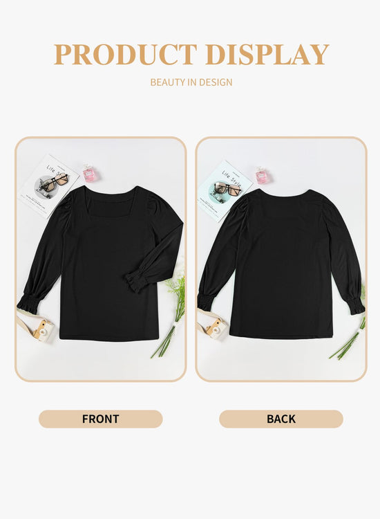 Eytino women's plus size fall tops - square neck puff long sleeve tee shirt 1X-5X