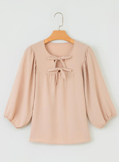 SHEWIN shirt - 3/4 sleeves blouse with bow tie detail and loose fit