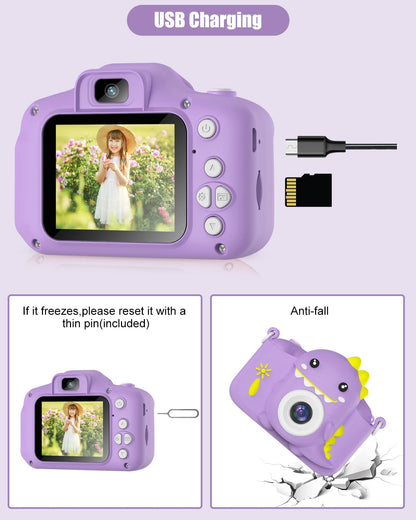 Kids camera for toddlers with 32GB card and selfie feature.