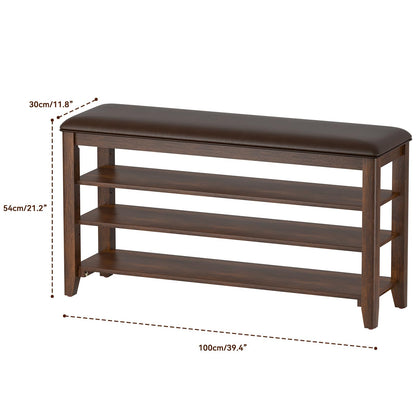 Bench with leather cushion and adjustable shelves for entryway storage