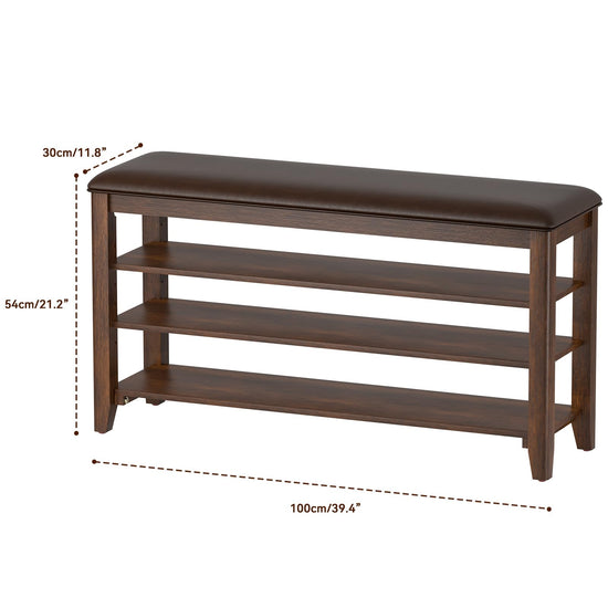 Bench with leather cushion and adjustable shelves for entryway storage