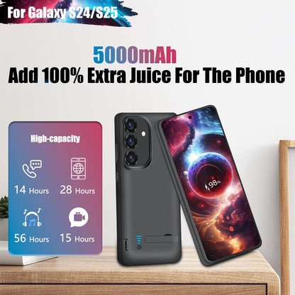 Sitong Battery Case for Samsung Galaxy S25 / S24, 5000mAh Rechargeable Extended Battery Charging Charger Case, Add 100% Extra Juice, Not Compatible with S25+ or S25 Ultra (6.2 Inches) Black