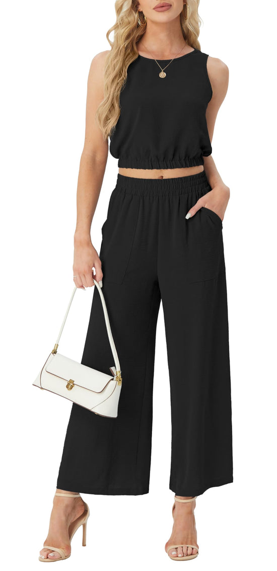 GRECERELLE coordinated outfit — sleeveless crop top and wide leg pants set