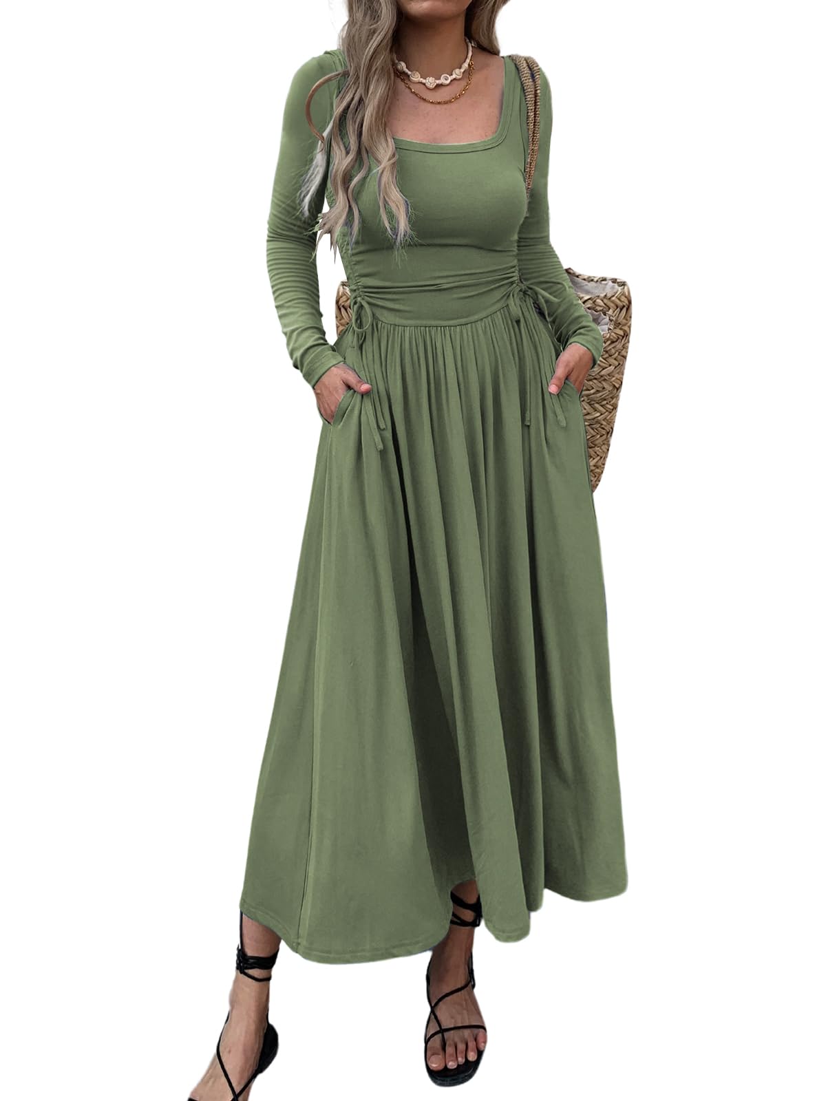 Mieazom women's maxi dress with square neck and adjustable waist tie