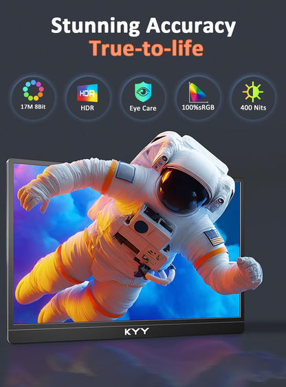 KYY 15.6 portable monitor with smart cover and speakers. Plug and play external monitor for laptop, PC, phone, Mac, Xbox, PS4.