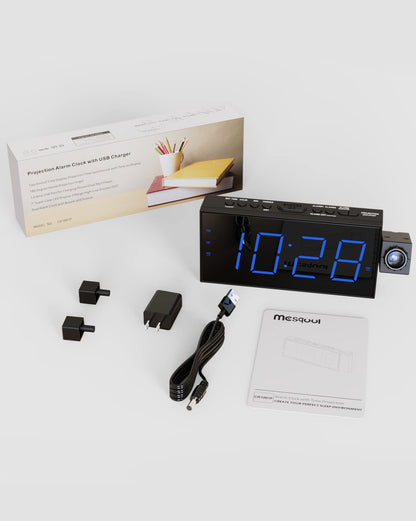 Digital projection alarm clock — 180° rotatable projector with USB charger and dual alarms