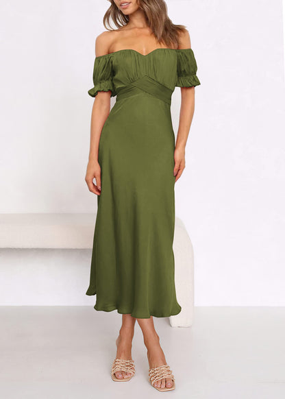 KIRUNDO women's satin wedding guest midi dress with off the shoulder design