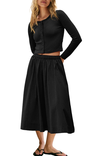 Coordinated outfit — Ribbed button down cardigan and elastic waist skirt set
