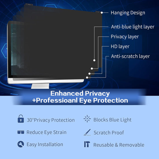 Verponity Computer Privacy Screen Filter 22 Inch, 9H Hardness Hanging Computer Screen Privacy Shield Compatible with 16:10 Widescreen Monitor, Eye Protection and Blue Light Blocks