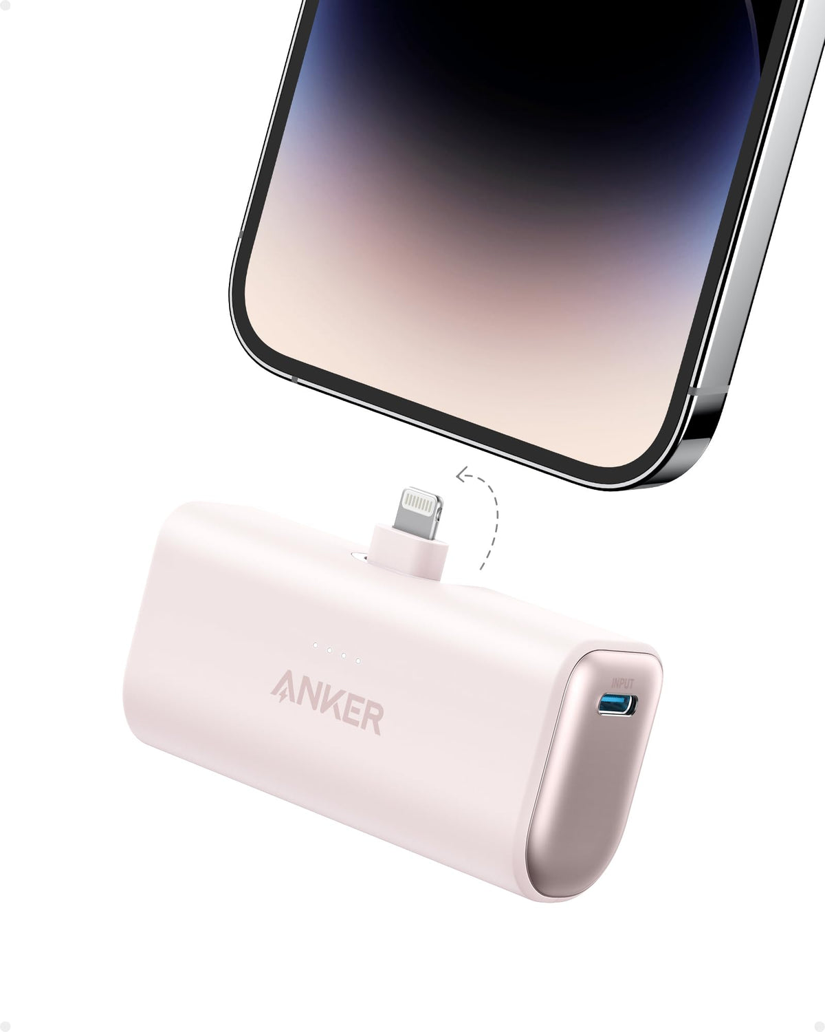 Anker power bank with built-in Lightning connector, 5000mAh capacity, compatible with iPhone 14/13/12 series, black color.