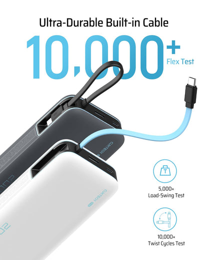CUKTECH power bank with built-in USB C cable and LED display, 20000mAh capacity