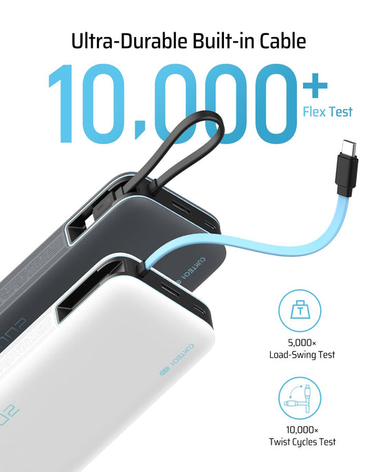 CUKTECH power bank with built-in USB C cable and LED display, 20000mAh capacity