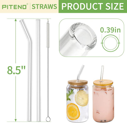 Piteno® glass straws set with cleaning brushes, 12 pieces, straight and bent styles, reusable