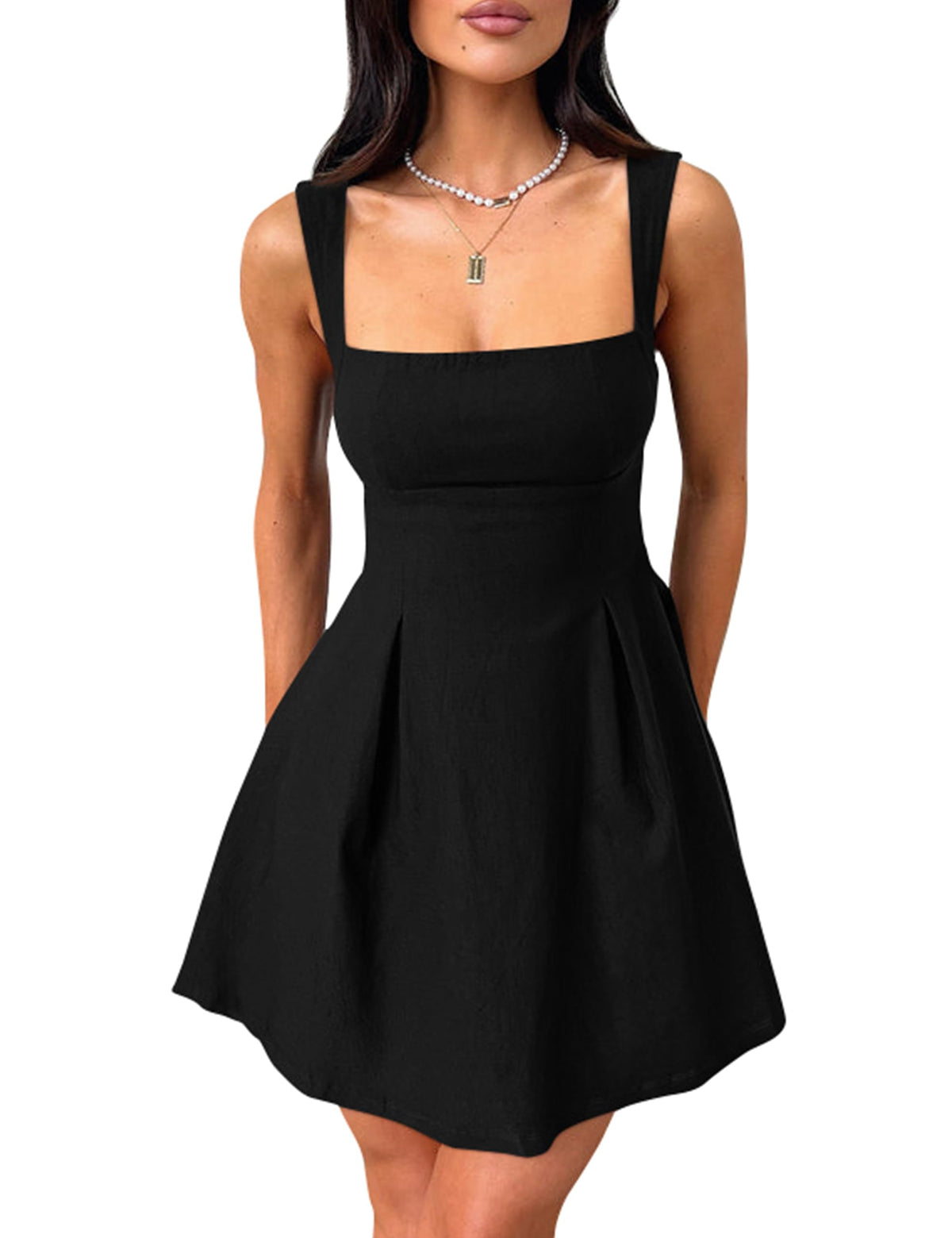 YMDUCH dress — Sleeveless square neck with adjustable straps and bow tie detail