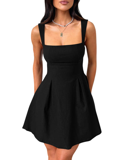 YMDUCH dress — Sleeveless square neck with adjustable straps and bow tie detail