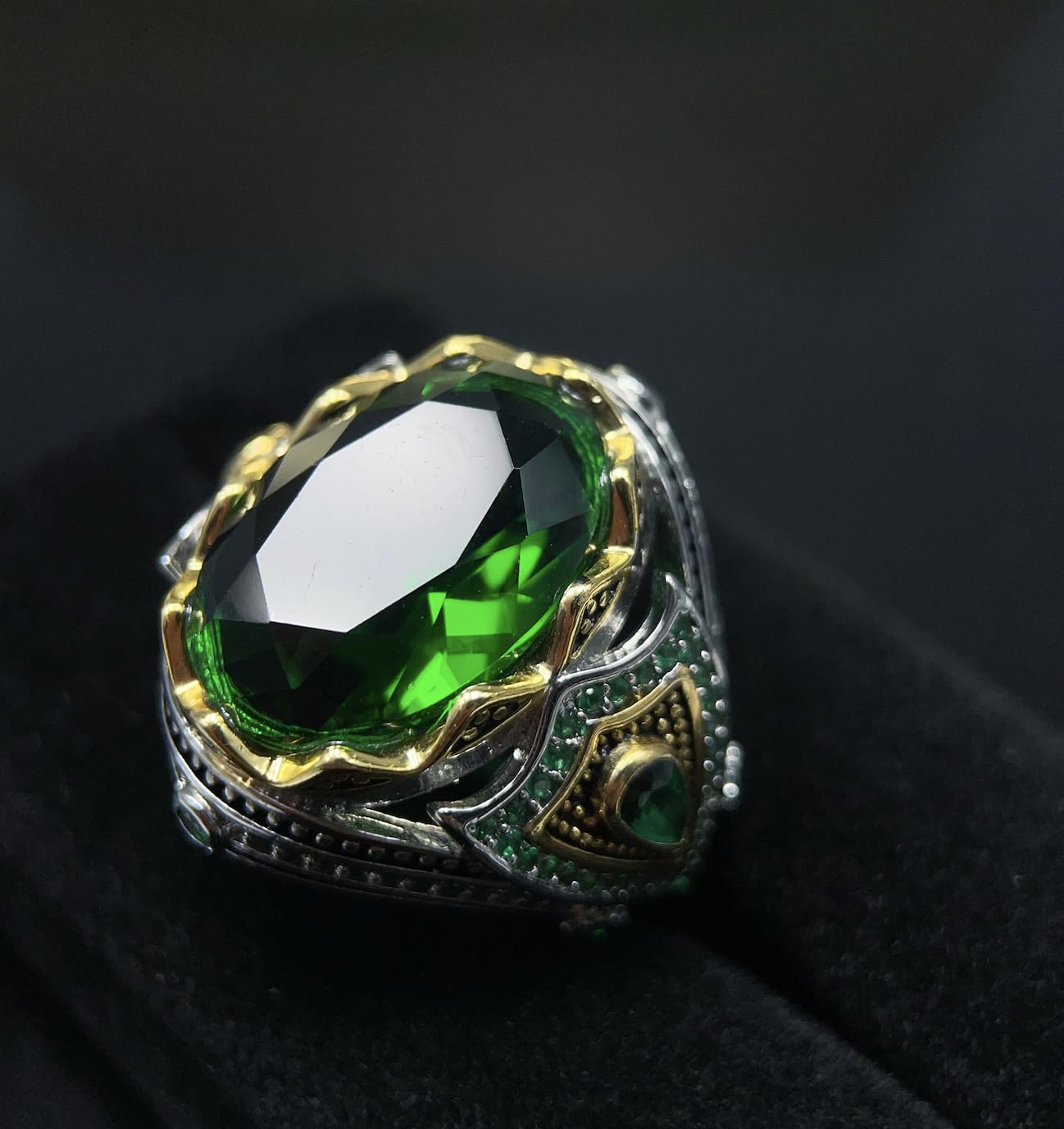 TASHILONG Emerald Stone Men Silver Ring 925 Silvering Emerald Gemstone Ring Handmade Engraved Turkish Silver Ring with Natural Emerald Stone (9)