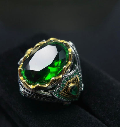 TASHILONG Emerald Stone Men Silver Ring 925 Silvering Emerald Gemstone Ring Handmade Engraved Turkish Silver Ring with Natural Emerald Stone (9)