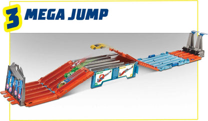 Hot Wheels toy vehicle set — race crate with stunts and portable storage track 8+ feet long