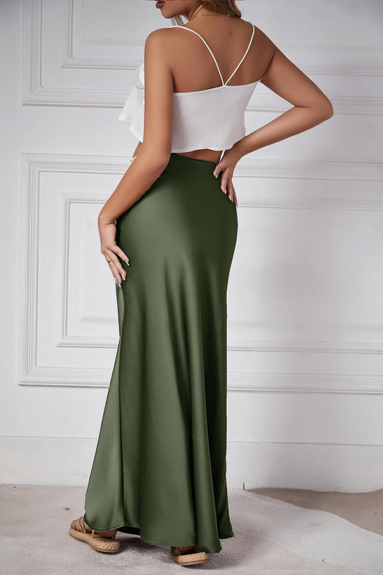 Skirt — Satin silk drawstring flared maxi skirt by Skrtimory for women