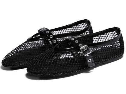 Coutgo womens mesh ballet flats - Comfortable Mary Jane style shoes with buckle strap