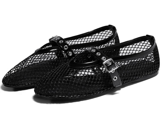 Coutgo womens mesh ballet flats - Comfortable Mary Jane style shoes with buckle strap